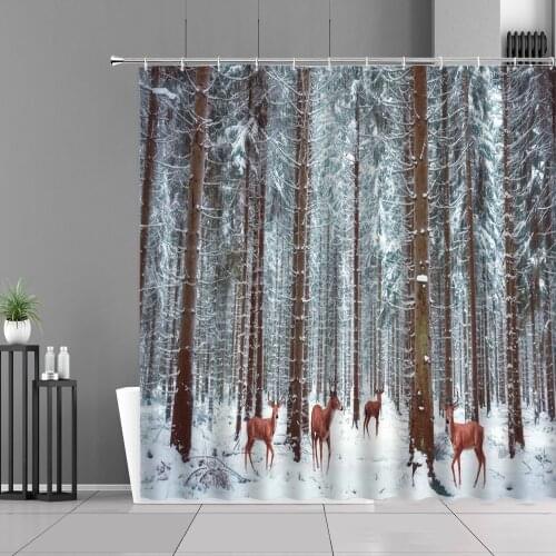 Winter Landscape Shower Curtains Deer Snow Mountain Hoarfrost Christmas Bathroom Bathtub Decoration Waterproof Curtain With Hook