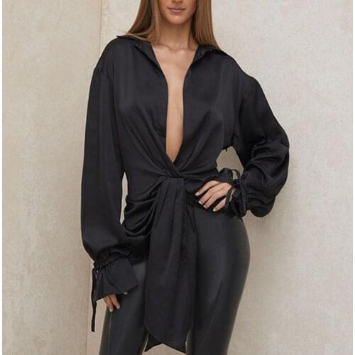 Sexy Women Shirt Satin Surface Lantern Long Sleeve Blouse Solid Color V Neck Bandage Elegant Ladies Shirts Top Blusas