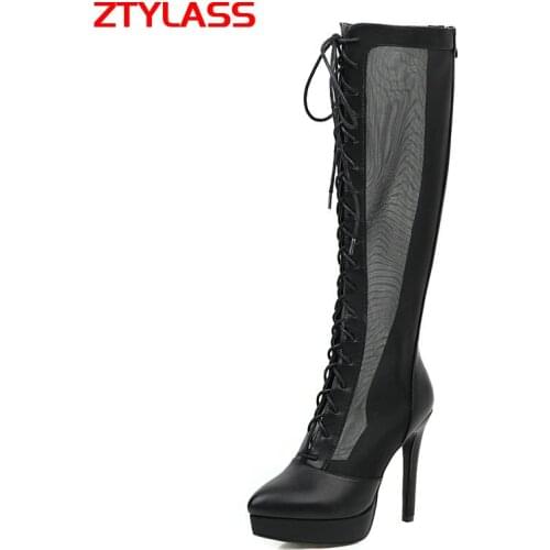 Black Beige Women Knee High Boots Summer Breathable Women Mesh Boots Fashion Zipper Cross Tied Long Boots Thin High Heel Shoes