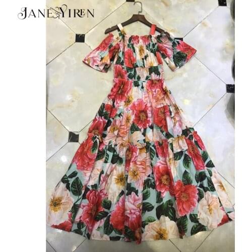 Janeyiren 2021 Summer New Fashion 100% Cotton Sicily Resort Dress Womens Off Shoulder Print Mid Calf Length Holiday Festa Robe