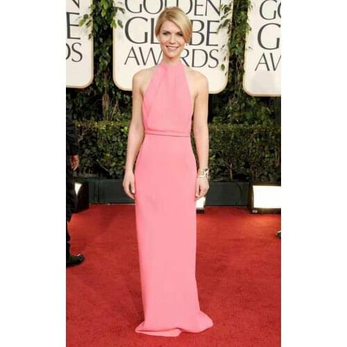 Long Halter Coral Chiffon Celebrity Dresses Pleated Straight Robe De Soiree Floor Length Formal Dresses for Women