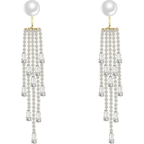 2021 Korea Design S925 Needle Pearl Rhinestone Tasse Earrings Long Rear Hanging Stud Personality Earring Woman