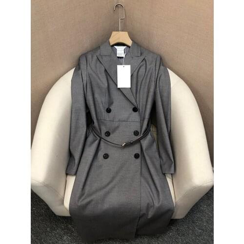 2021 Spring Luxury Design Virgin Wool Elasthane Doube BreastedBelted Office Elegant Style Knee Length Dress