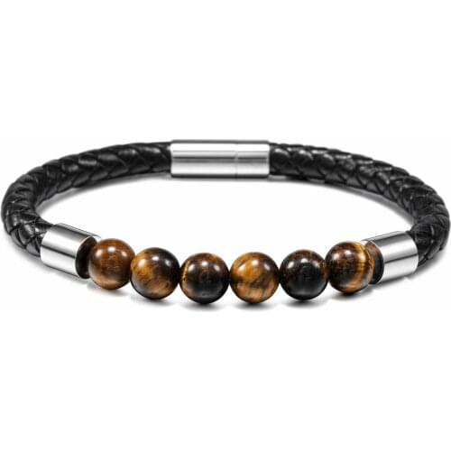 8MM Natural Stone Tiger Eye Genuine Leather Stainless Steel Magnetic Buckle for Men Women Bangle Punk Jewelry