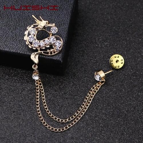 HUISHI Brooch Jewelry Rhinestone Tassel Dragon Brooch Animal Corsage Lapel Pin With Chain For Men Suit Shirt Collar Decoration