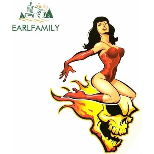 EARLFAMILY 13cm x 8.8cm ROCKABILLY Pinup Queen BETTIE PAGE ON FLAMING Skull HOTROD Sticker TOOLBOX Decal Car Sticker