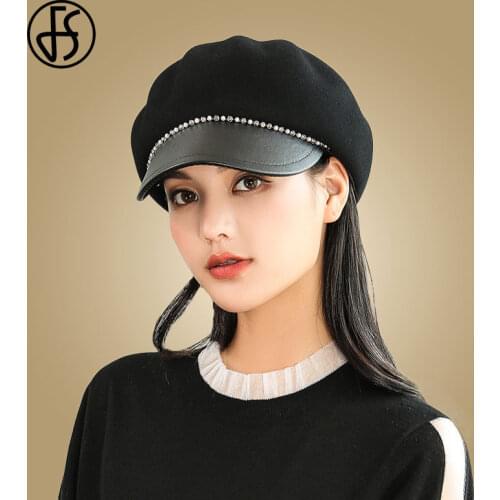 FS Autmn Winter Hats For Women Wool Newsboy Cap Black Octagonal Gatsby Cap Pearls Ladies Casual Peaked Beret Driving Cap