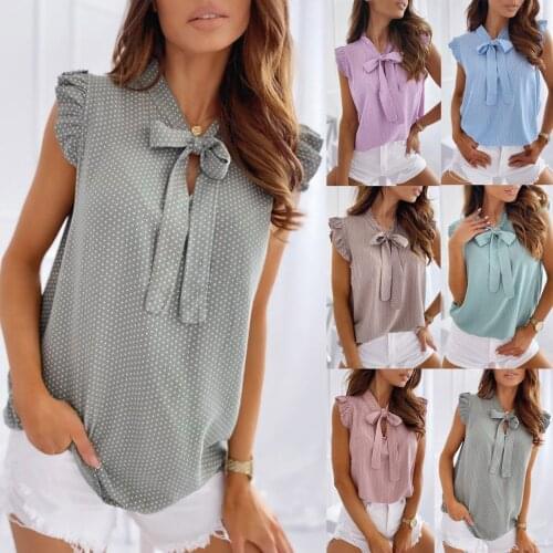 T Shirt Women Aesthetic Tops Women 2021 Women Bowknot Polka Dot Ruffle Frill Sleeveless Tops Tank Shirts футболка женская