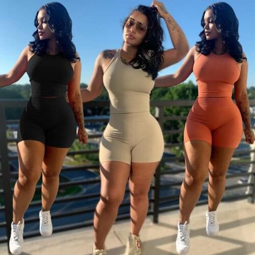 2Piece Set Women Matching Sets Fashion Sexy Short Vest + Shorts Bodycon Skinny Slim Sports Womens Suits