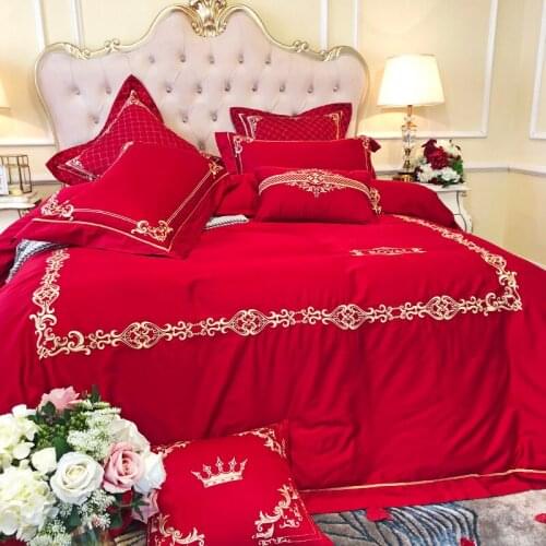 Luxury White Golden 100S Egyptian cotton Red Wedding Bedding sets Queen King size Duvet cover Bed sheet set Pillowcase 4/6pcs