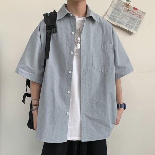 Mens Short Sleeve Casual Solid Color Loose Art Coat Student Youth Trendy 2021 Blouse Korean Package Mail Breathable New