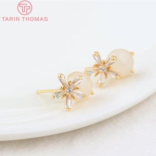 4PCS 10x15MM 24K Gold Color Brass with Zircon Flower Stud Earrings High Quality DIY Jewelry Making Findings Accessories