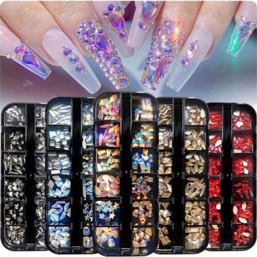 12 Grids/ Box Mixed AB Flat Glass Crystal Red Champagne Diamond In And Flatback Nail Art Rhinestone Set WithPick