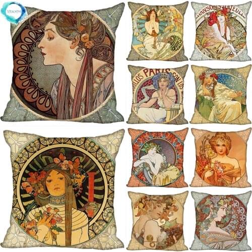 Alphonse Mucha Pillowcase Bedroom Home Decorative Nice Gift Pillow Cover Square Zipper Pillow Cases Satin Soft Fabric 45x45cm