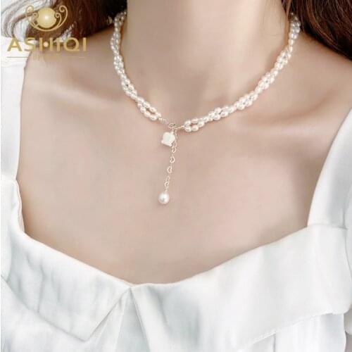ASHIQI Natural Freshwater Pearl Double Necklace 925 Sterling Silver Womens Fashion Jewelry