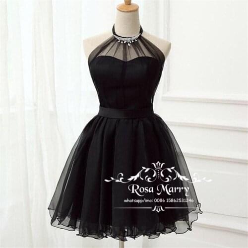 Sexy Black Short Cheap 1950s Prom Dresses 2020 A Line Halter Knee Length Crystals Simple Formal Evening Graduation Party Gowns