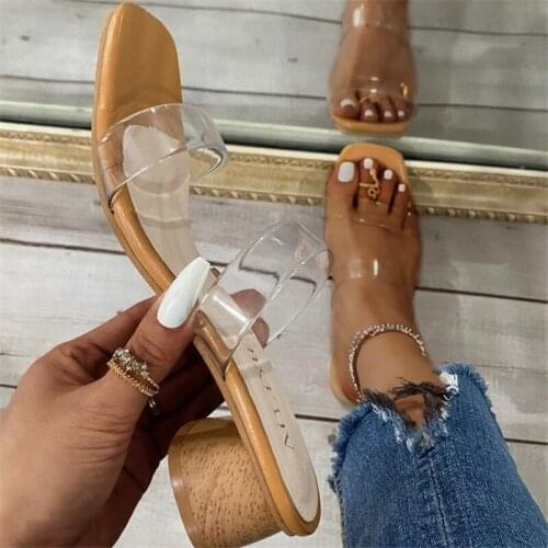 Transparent Strap High Heel Slippers Women Casual Square Toe Sandals Summer Female Clear Wedding Pumps Size 42 Zapatillas Mujer
