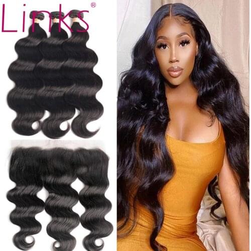 Links Body Wave Human Hair Bundles With 13x6 HD Transparent Frontal Brazilian 3 4 Bundles With 13x4 Lace Frontal Wavy Remy Hair