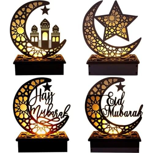 Ramadan Eid Mubarak Decorations for Home Moon LED Candles Light Wooden Plaque Hanging Pendant Islam Muslim Event Party Supplies