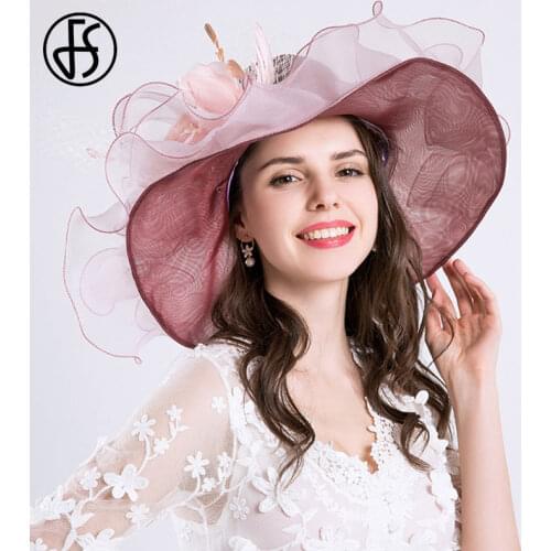 FS Flower Sun Hats For Women Summer Beach Pink Beige Big Brim Organza Hat Ladies Church Party Kentucky Derby Wide Fedora