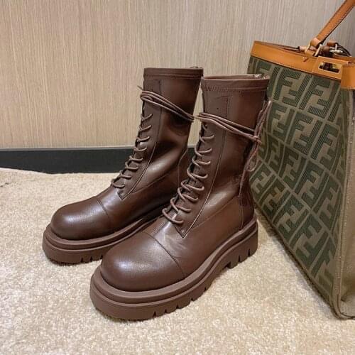 High quality round toe platform womens boots celebrity luxury brand design cross-tied martin motorcycle woman boots size 33-43