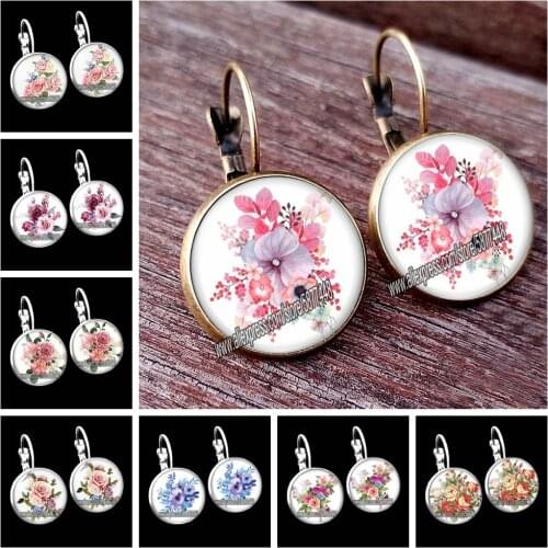 Pink Rose Flower Women Stud Earrings Beautiful Peony Flower Mother Earrings Mixed Flowers Glass Cabochon Earrings Gift for Women
