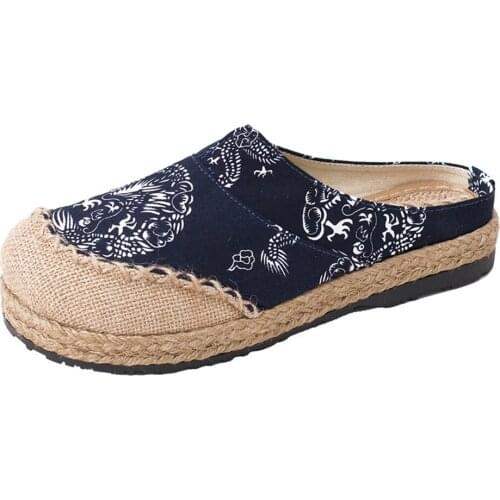 Vintage Thai Totem Embroidered Ladies Black Cotton Linen Shoes Summer Women Flat Slides Canvas Sandal Slippers Plus Size 35-44