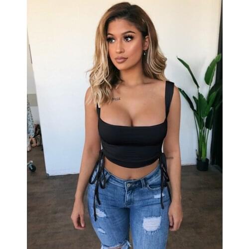 Women Sexy Sleeveless Vest Low-Cut Tank Top Hollow Side Drawstring Tight Cropped Blouses Short Backless Sling Top Summer Camis