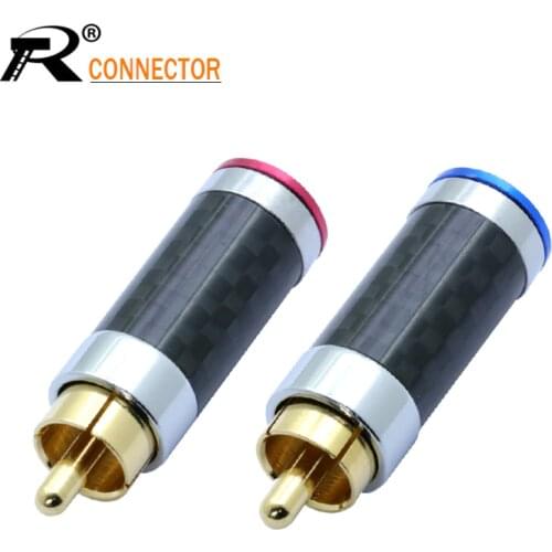 10Pcs/5Pairs Gold Plated RCA Connector Carbon Fiber RCA male plug adapter Video/Audio Wire Connector Support 6mm Cable Red&Blue
