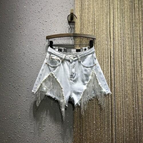 2020 New Arrival Sale Cotton Shorts Summer Shorts Woman Personality Rhinestone Tassel Beaded High Waist A- Line Wide-leg Women