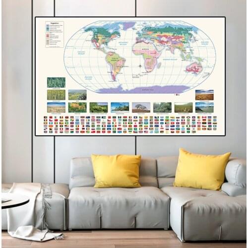 225*150 The World Map with Flags Non-woven Canvas Painting Wall Sticker Posters Living Room Home Decoration School Supplies
