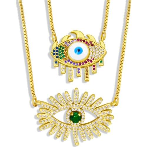 FLOLA Copper CZ Blue Evil Eye Necklace Multicolor Stone Crystal Gold Chain Necklace Pendant For Women Luxury Jewelry nkew58