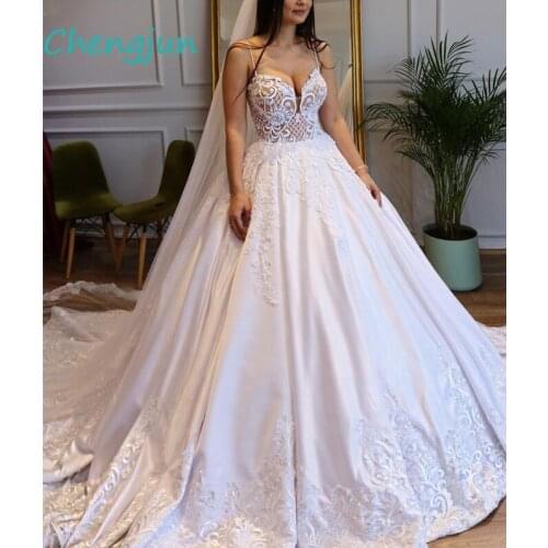Chengjun V Neck Satin Lace Appliques Beaded Pearls Bridal Dress For Wedding