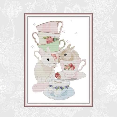 Cup and Rabbit Paintings Counted Cross-stitch Print on Canvas 14CT 11CT Chinese Cross Stitch Needlework Sets Embroidery kits