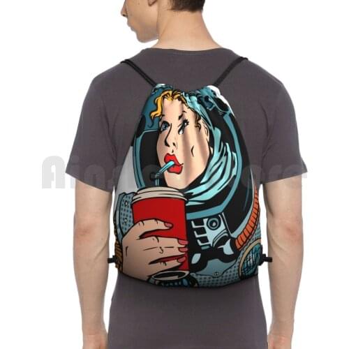 Space Woman In Red Lipstick Drinking Backpack Drawstring Bags Gym Bag Waterproof Pop Art Red Lipstick Kiss Pop Culture
