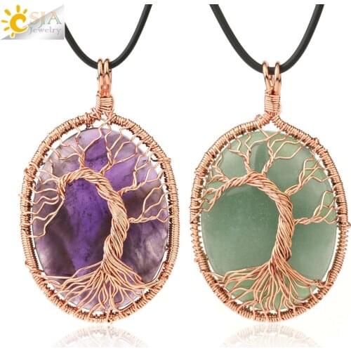 CSJA New Arrival Natural Stone Pendant Wire Wrap Tree of Life Egg Shape Cabochon Crystal Handmade Crafts Women Men Necklace G198