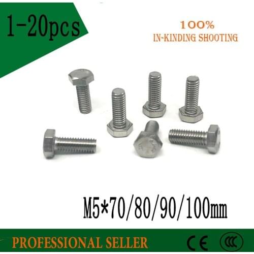 M5 *70/80/90/100 mm DIN933 External Hex Hexagon Head Screw Full Threaded 304 Stainless Steel Bolt Machine Screws