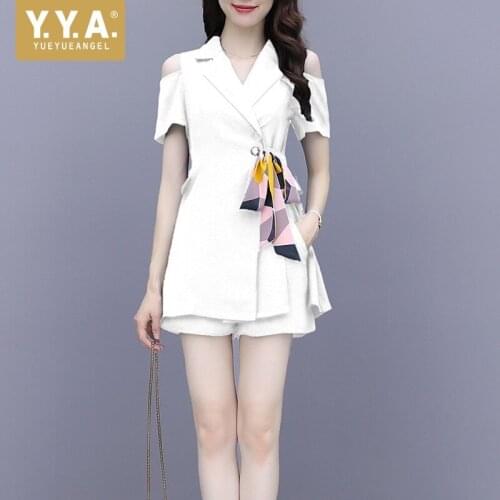 Fashion Profession Sets Womens 2021 Summer New Casual Elegant Slim Turn-Down Collar Top Solid Concise Shorts Two-Piece Suit