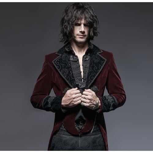 Fashion Gothic Gentleman Classical Velour Dovetail Long Jacket Steampunk Handsome Red Tuxedo Coats