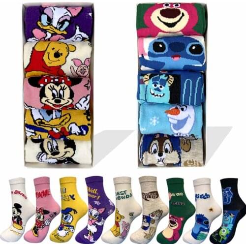 10 pair Disney Casual cute women socks Mickey Stitch cotton long socks Cartoon Animal sock for women Kawaii girl sock size 35-42