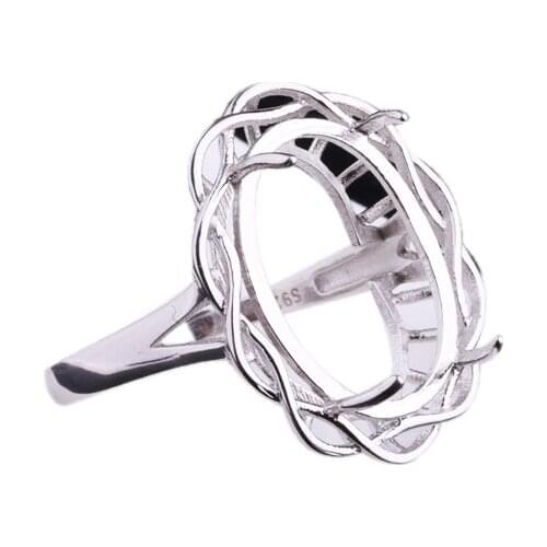 Fine Silver 925 Sterling Silver Semi Mount Engagement Wedding Ring for 12x17mm Oval Cabochon Amber Opal Garnet Jewelry Setting