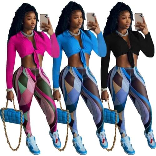 Casual Women Two Piece Set Print Tie Dye Bandage Shirt And Long Pants Tracksuit Sportsuit Clothes For Women Outfit