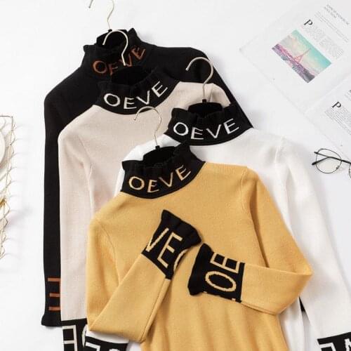 New Autumn Winter Knitted Female Pullover Casual Long Sleeve Turtleneck Sweater Elagant Embroidered Letters Women Sweater