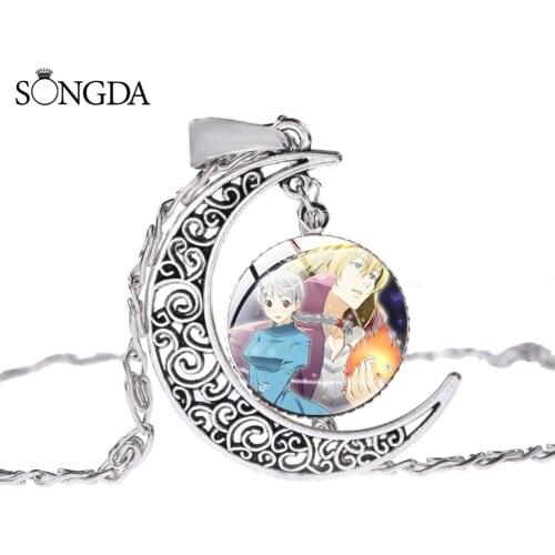 Retro Anime Howls Howls Moving Castle Pendant Necklace Art Photo Silver Color Link Chain Moon Necklaces For Kids Jewelry Gifts