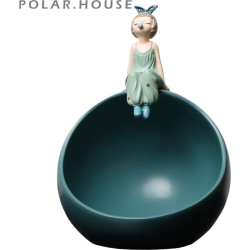 Modern Bowknot Girl Storage Basket Nordic Home Decor Figurine Resin Round Storage Ball Green Girl Sculpture Living Room Decor