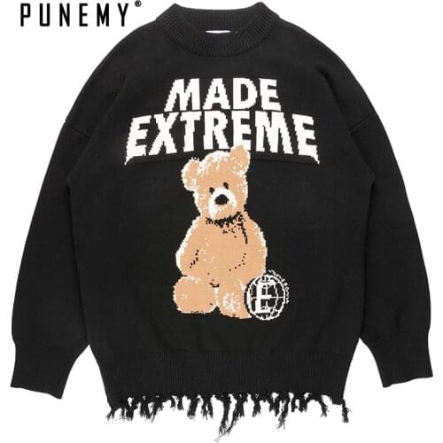 Hip Hop Streetwear Men Sweaters Teddy Bear Pattern Harajuku Retro Cotton Oversize O-neck Pullover Autumn Fashion Mans Sweaters