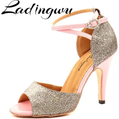 Ladingwu Tango Dance Shoes Pink PU and Gray Glitter Latin Dance Shoes For Women Salsa Dance Shoes Outdoor Dance Sandals