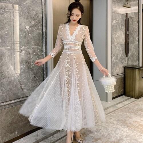 High Quality 2020 Spring Sexy V-neck Three Quarter Sleeve Mesh Embroidery Polka-Dot Dress Elegant Slim Draped Party Long Dress