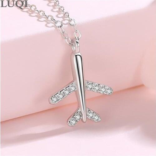 Womens Fashion S925 Silver Platinum Plated Zircon Small Airplane Pendant Necklaces N135