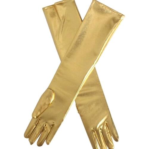Gold Silvery Wet Look Fake Leather Metallic Gloves Evening Party Performance Mittens Women Sexy Elbow Length Long Latex Gloves